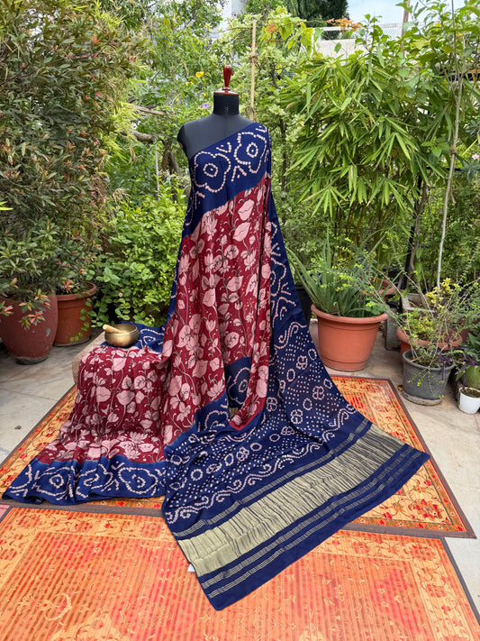 Modal silk bandini with penkalamkari saree