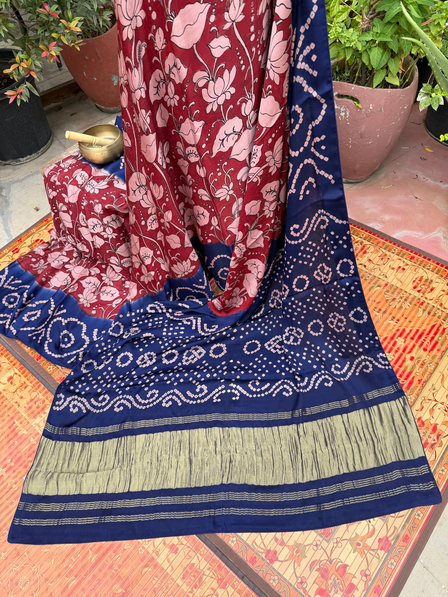 Modal silk bandini with penkalamkari saree