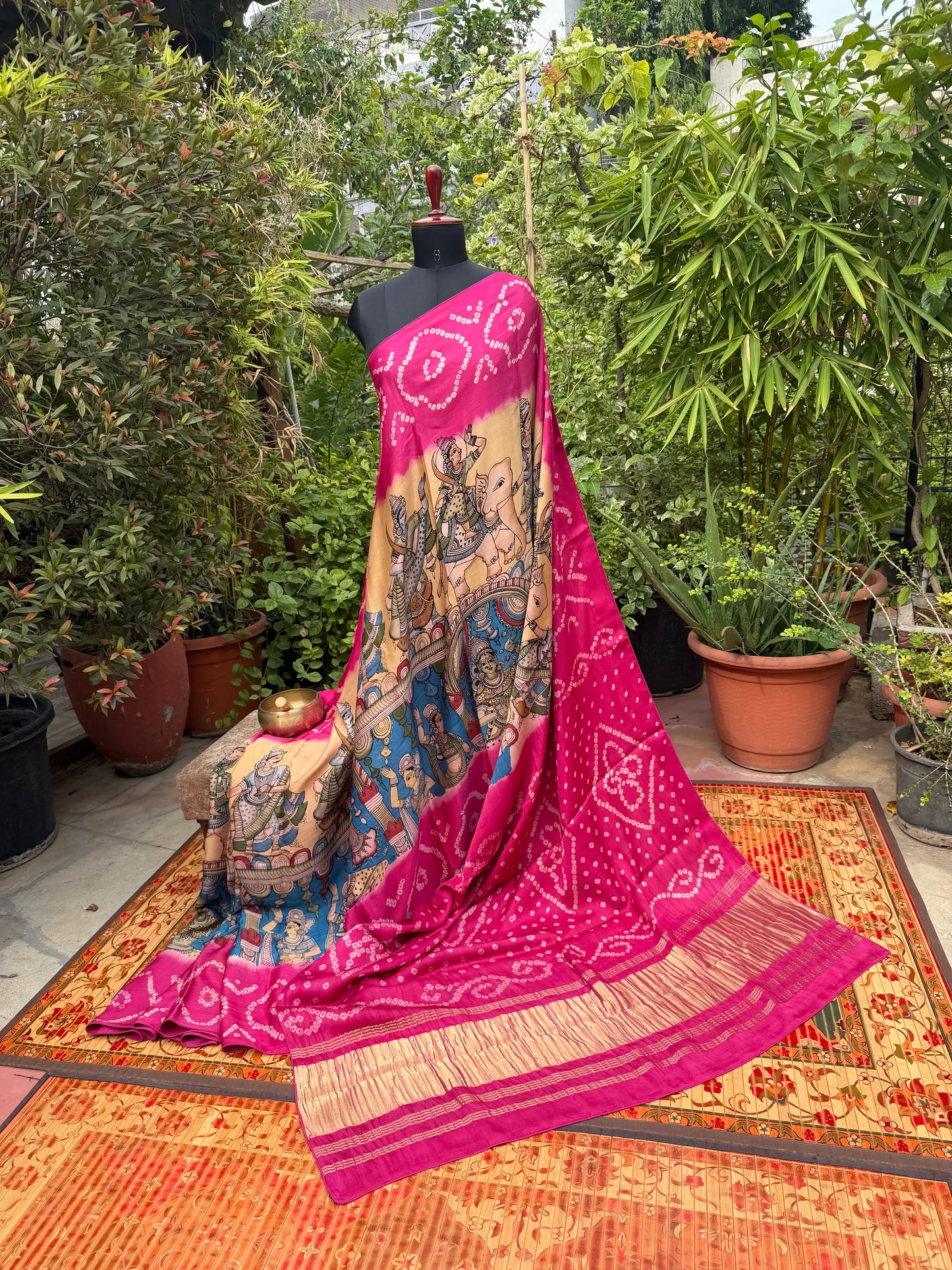 Modal silk bandini with penkalamkari saree