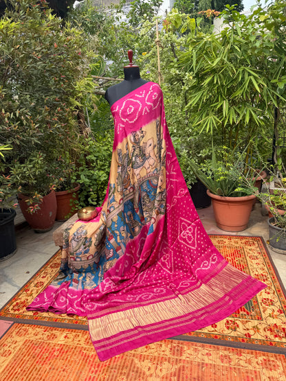 Modal silk bandini with penkalamkari saree
