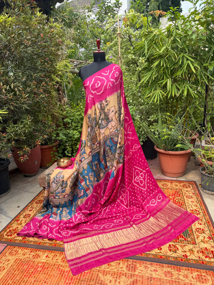 Modal silk bandini with penkalamkari saree