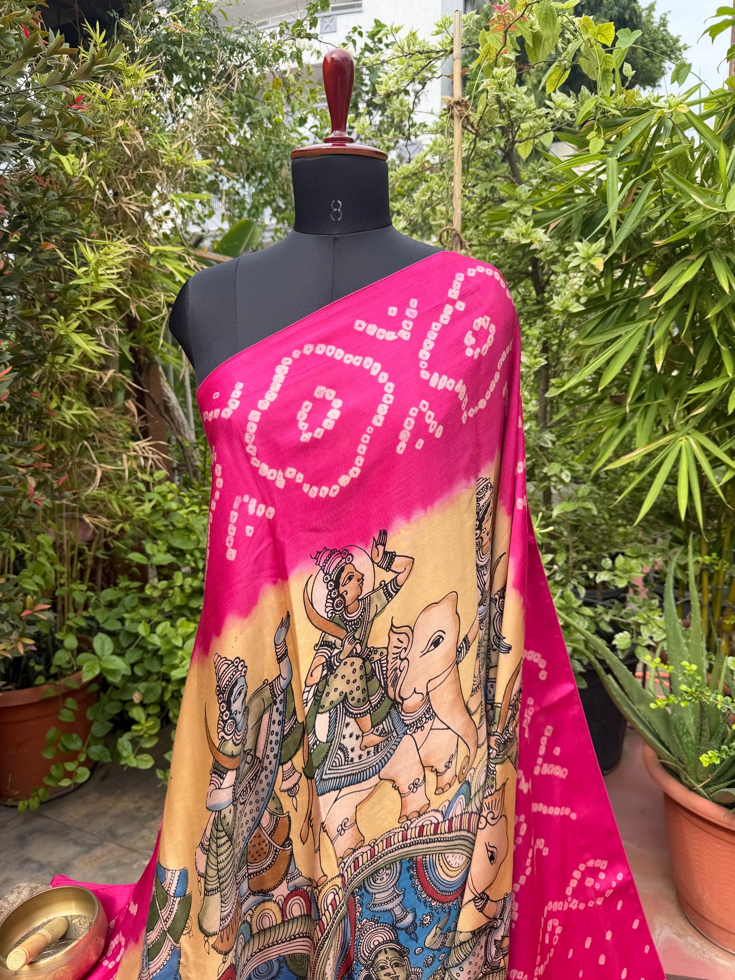 Modal silk bandini with penkalamkari saree