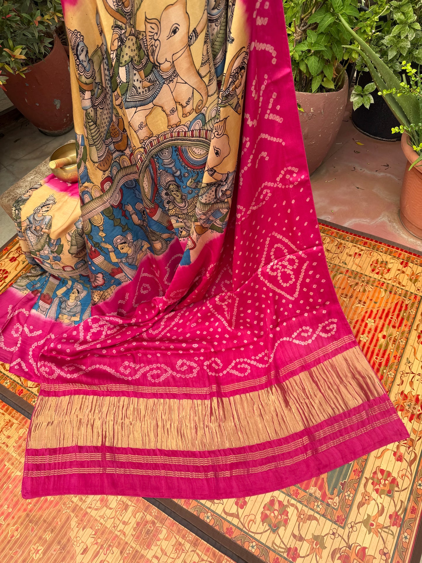 Modal silk bandini with penkalamkari saree
