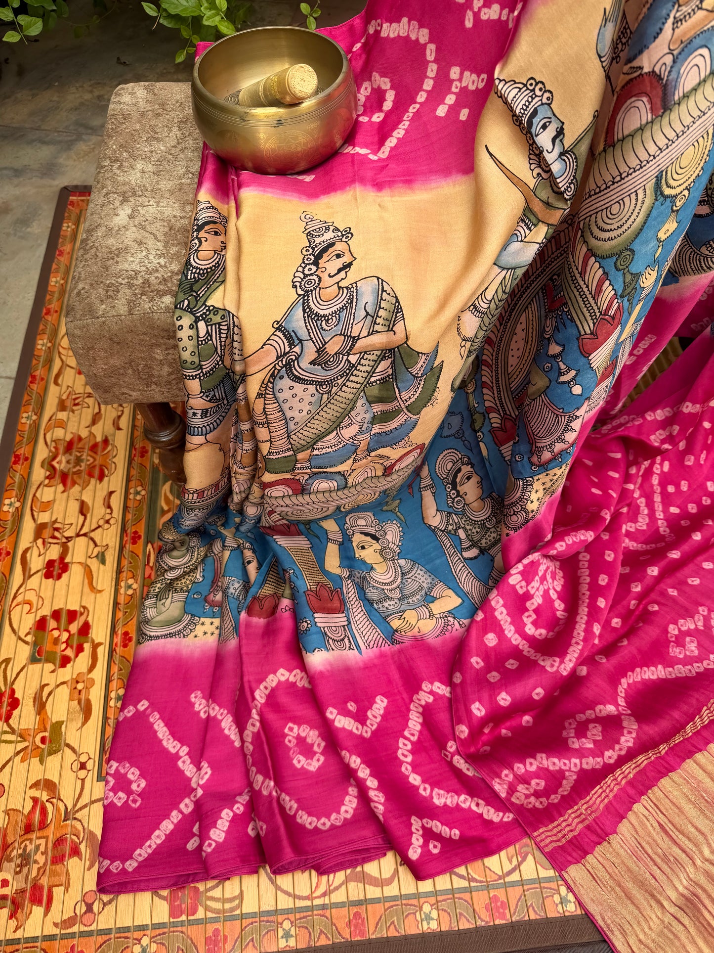 Modal silk bandini with penkalamkari saree