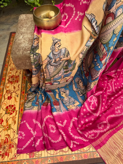 Modal silk bandini with penkalamkari saree