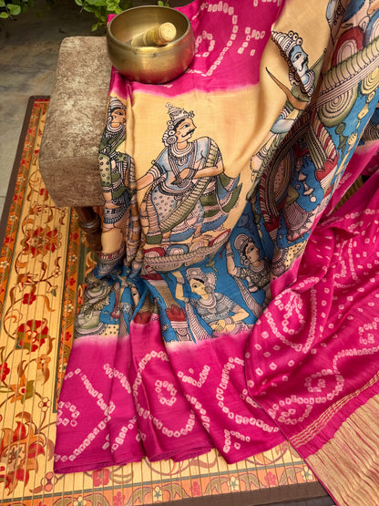 Modal silk bandini with penkalamkari saree