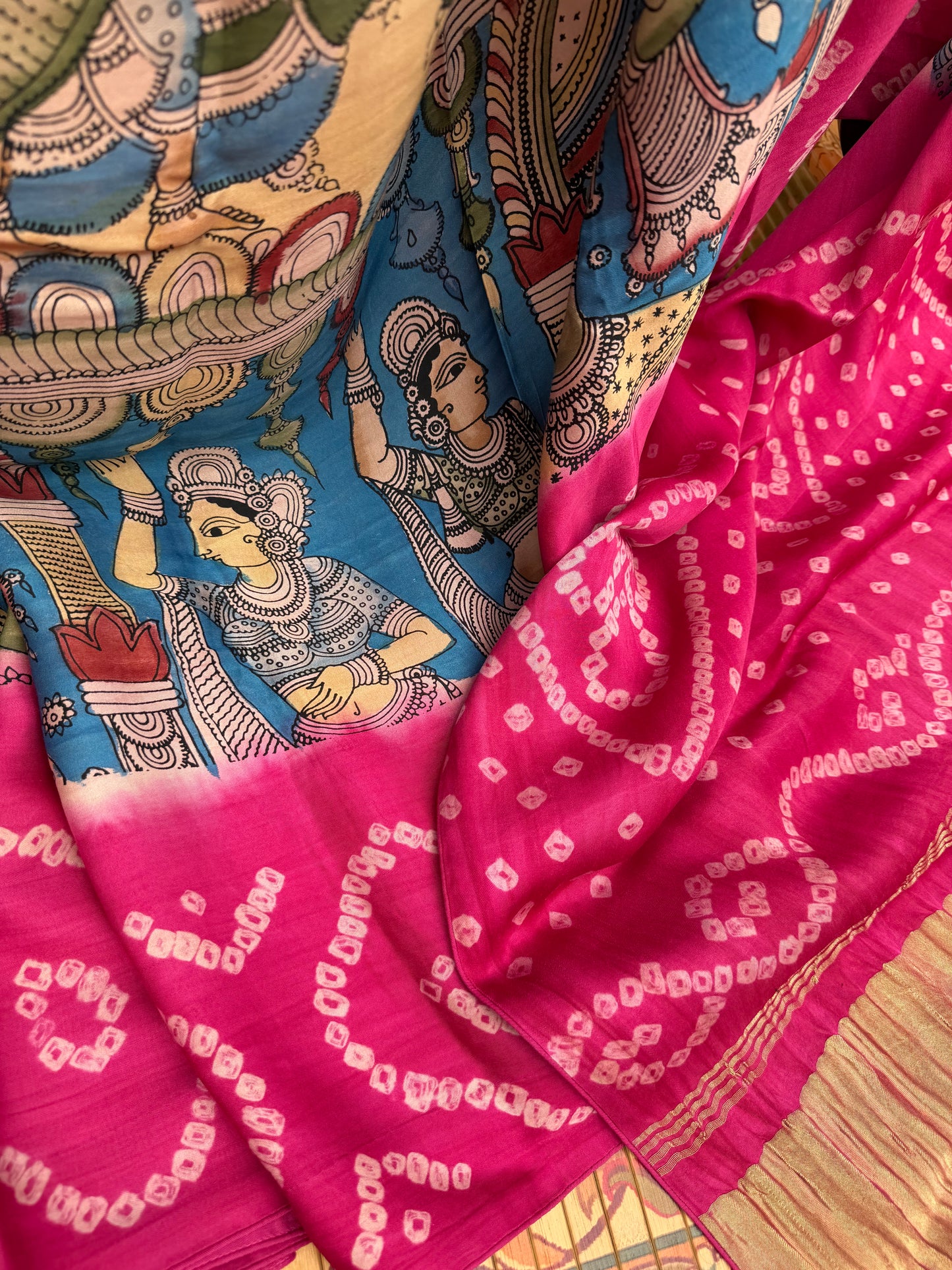 Modal silk bandini with penkalamkari saree