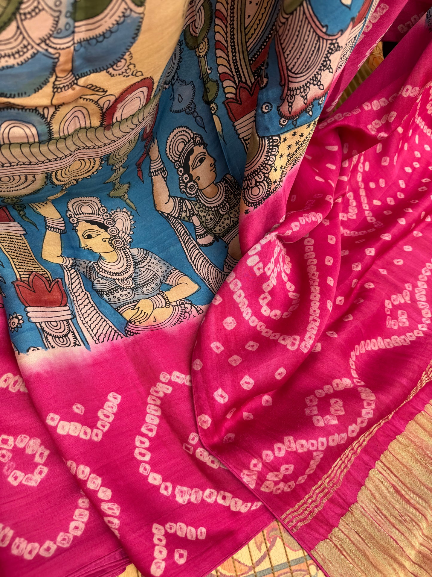 Modal silk bandini with penkalamkari saree