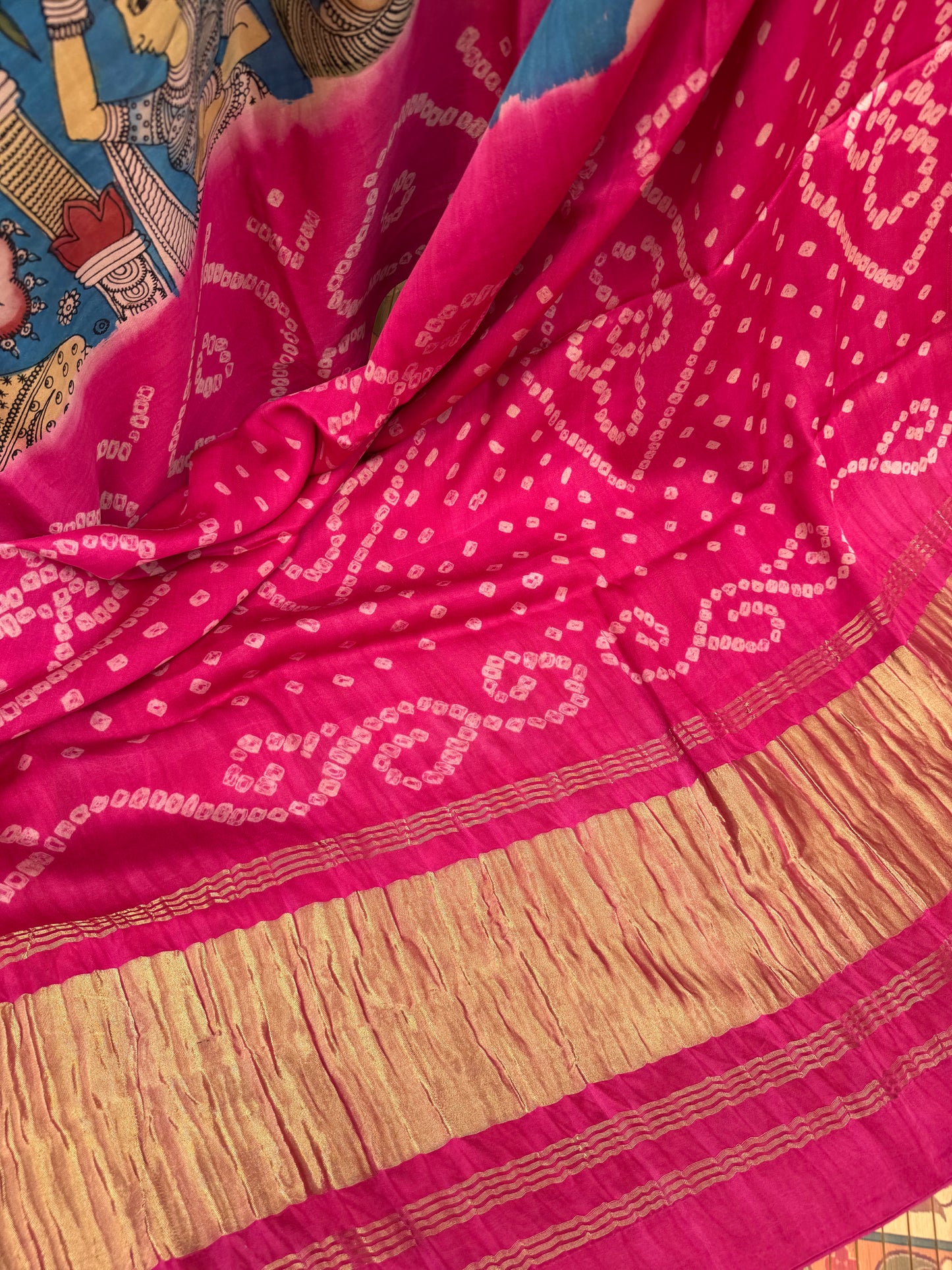 Modal silk bandini with penkalamkari saree