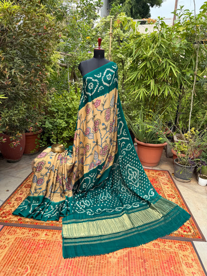 Modal silk bandini with penkalamkari saree