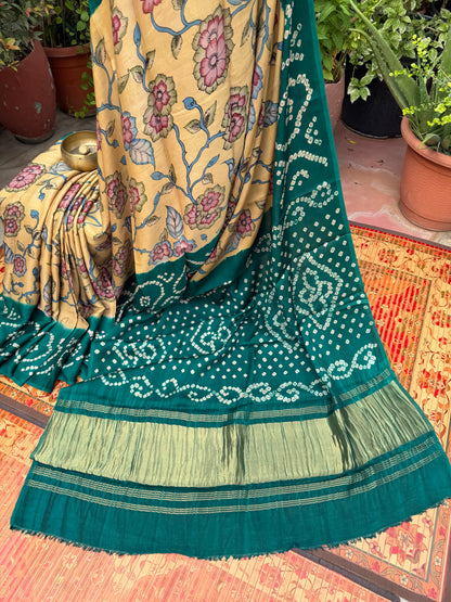 Modal silk bandini with penkalamkari saree