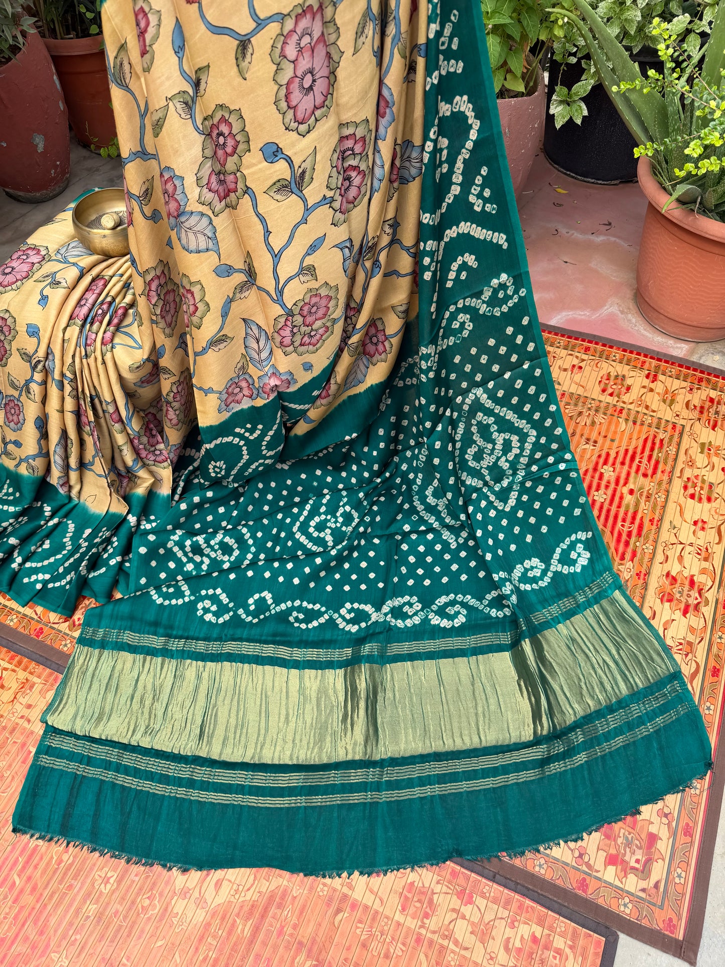 Modal silk bandini with penkalamkari saree