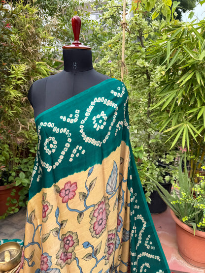 Modal silk bandini with penkalamkari saree