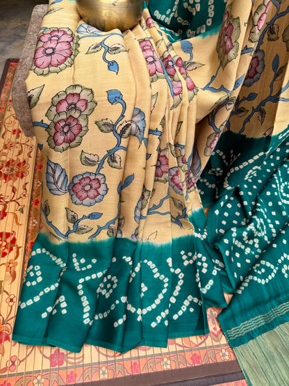 Modal silk bandini with penkalamkari saree
