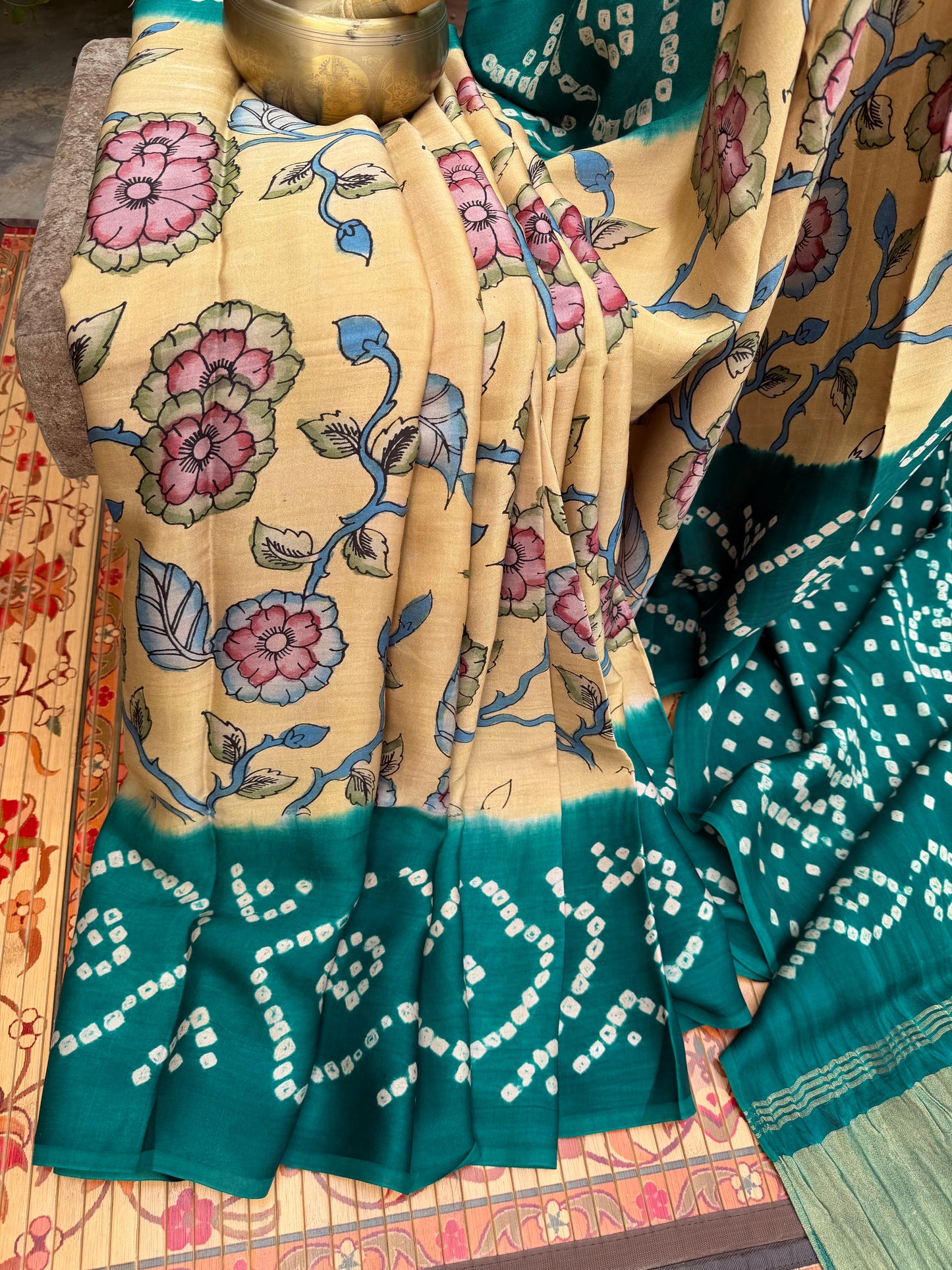 Modal silk bandini with penkalamkari saree