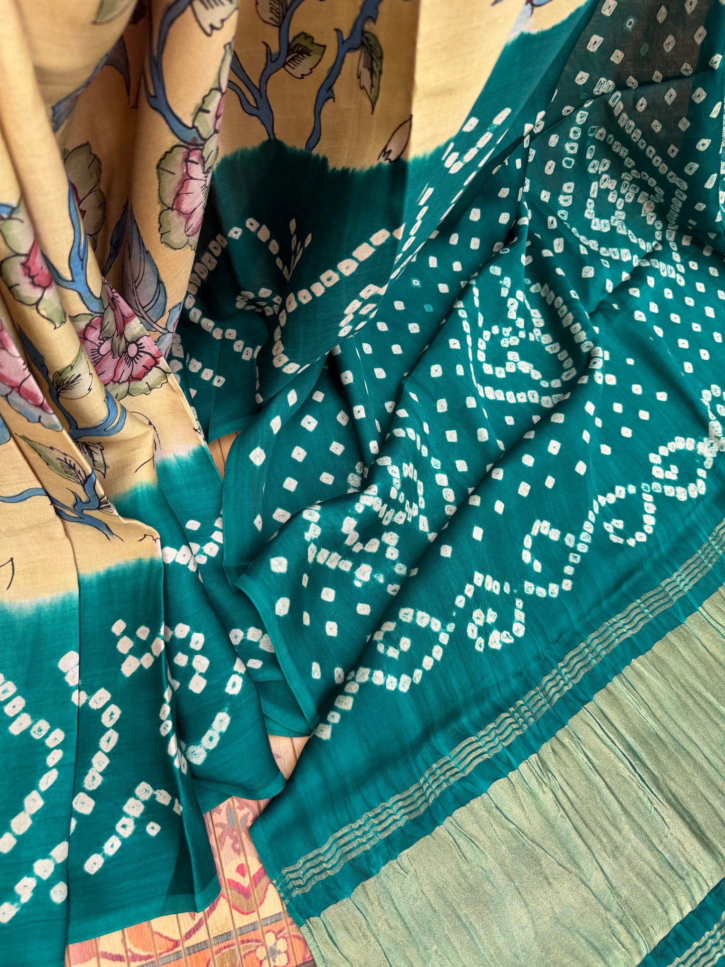 Modal silk bandini with penkalamkari saree