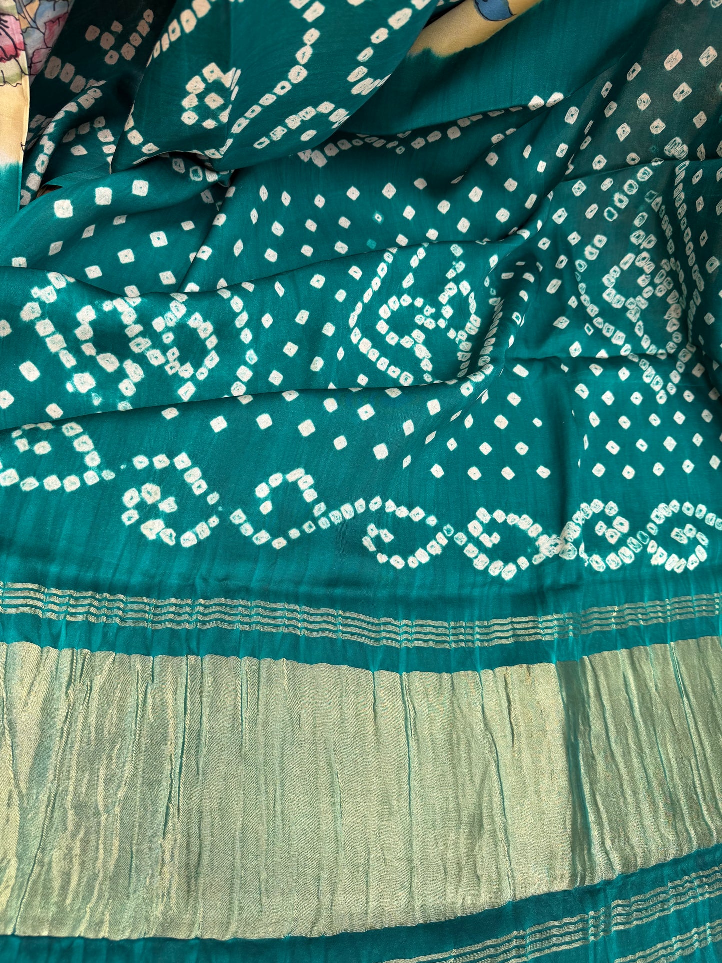 Modal silk bandini with penkalamkari saree