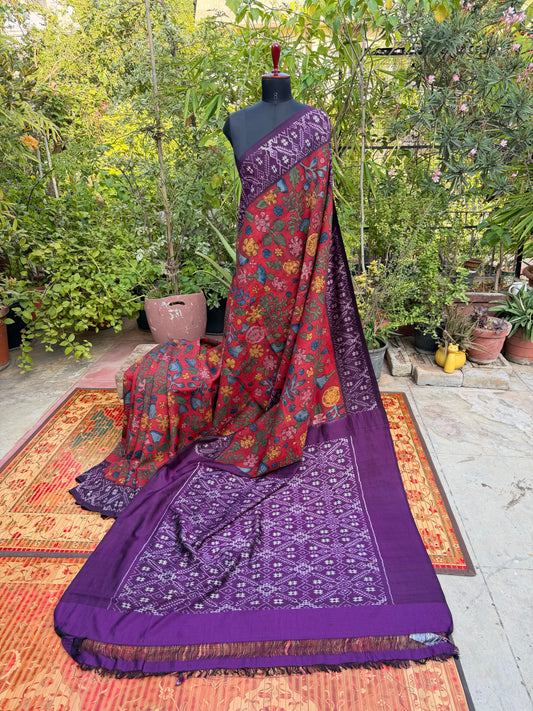Pure Silk Hand Woven Ikkat With Penkalamkari saree
