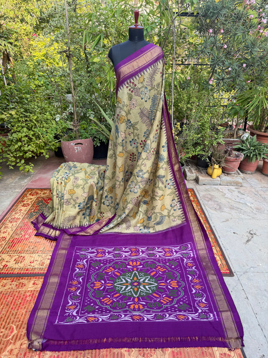 Pure Silk Hand Woven Ikkat With Kanchi Inspried borders Penkalamkari saree