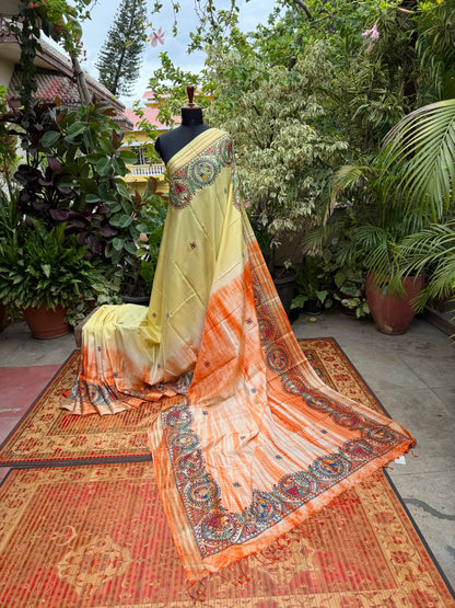 Pure silk kanchipattu with hand painted madhubani