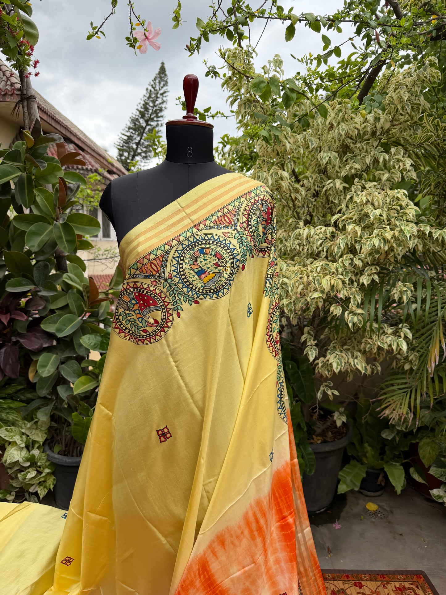 Pure silk kanchipattu with hand painted madhubani