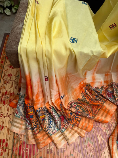 Pure silk kanchipattu with hand painted madhubani