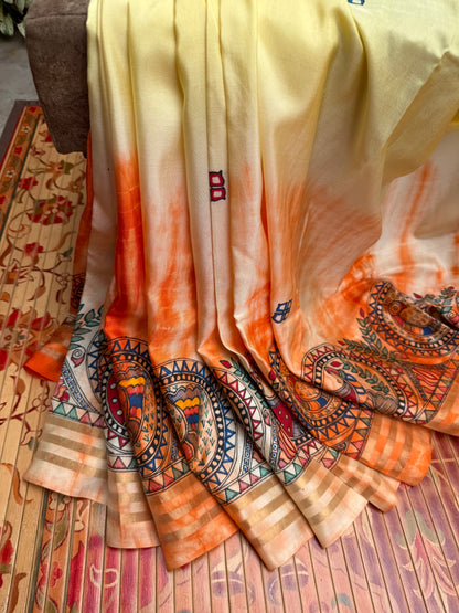 Pure silk kanchipattu with hand painted madhubani