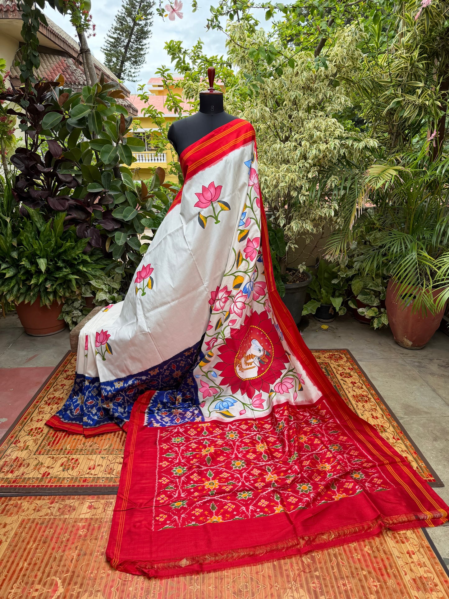 Pure silk ikkat pichwai painting saree