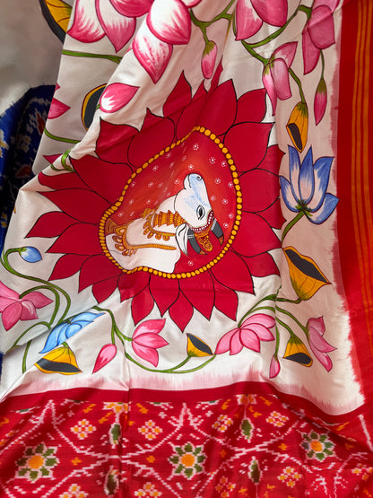 Pure silk ikkat pichwai painting saree