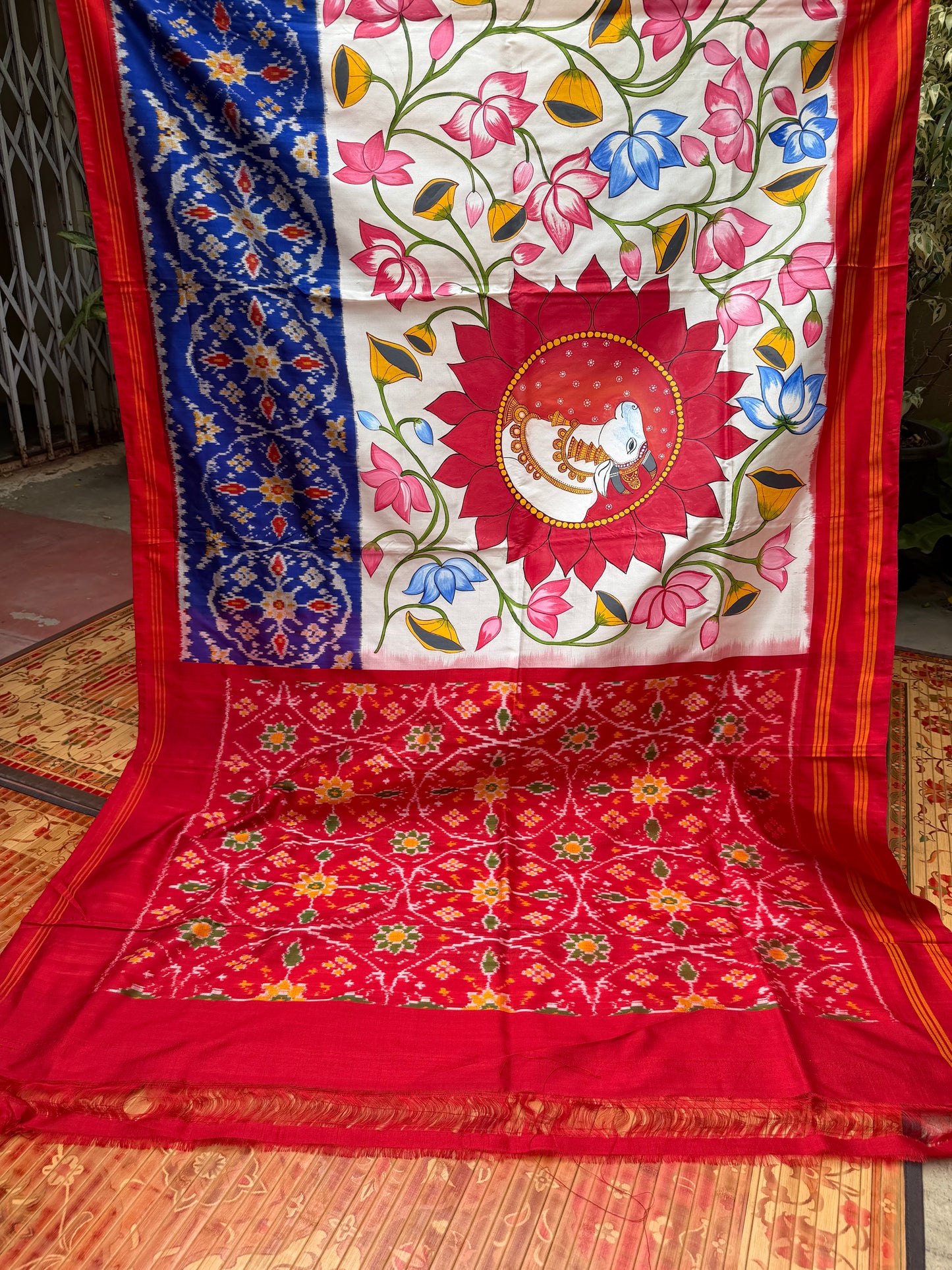 Pure silk ikkat pichwai painting saree