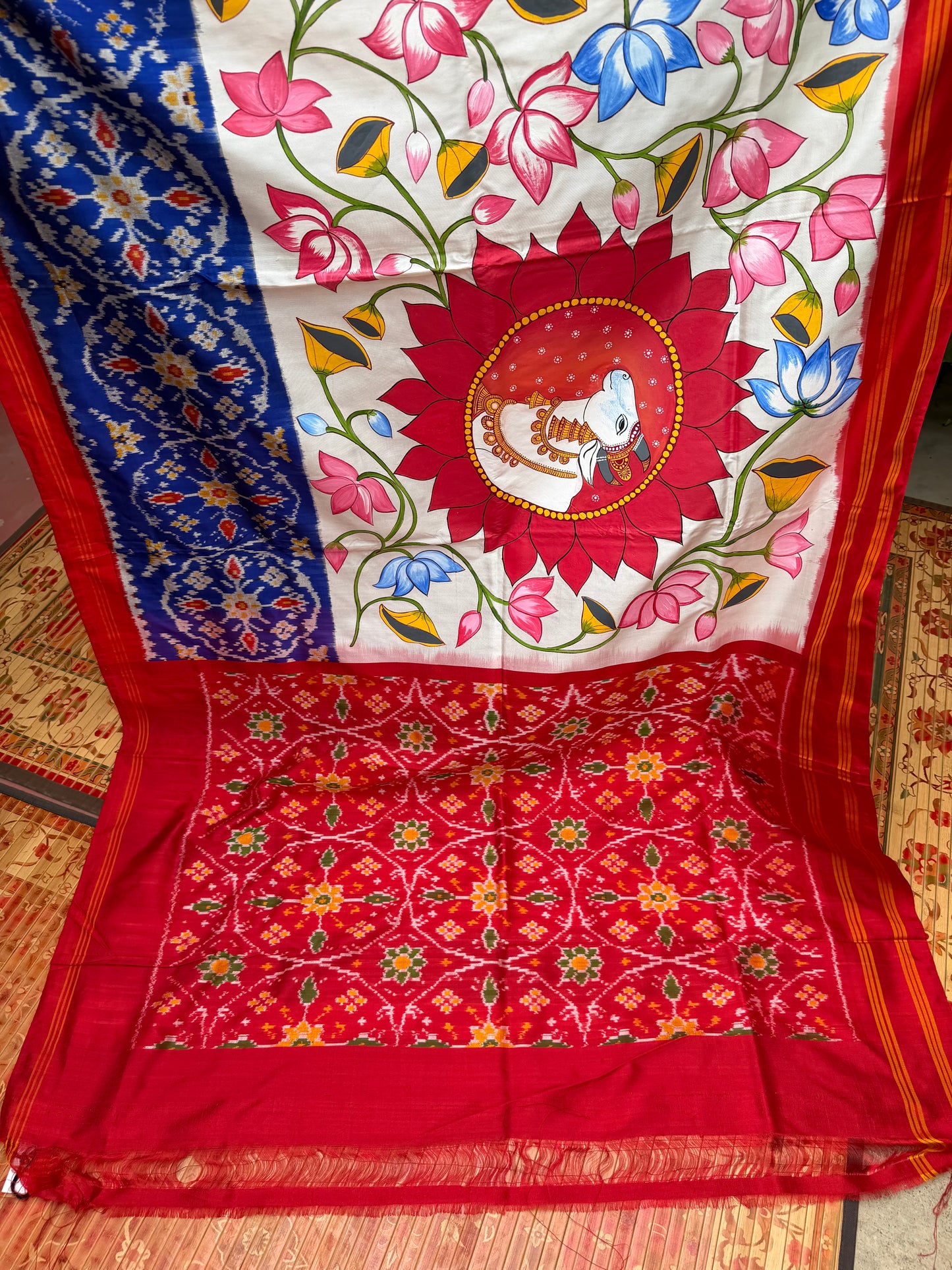 Pure silk ikkat pichwai painting saree