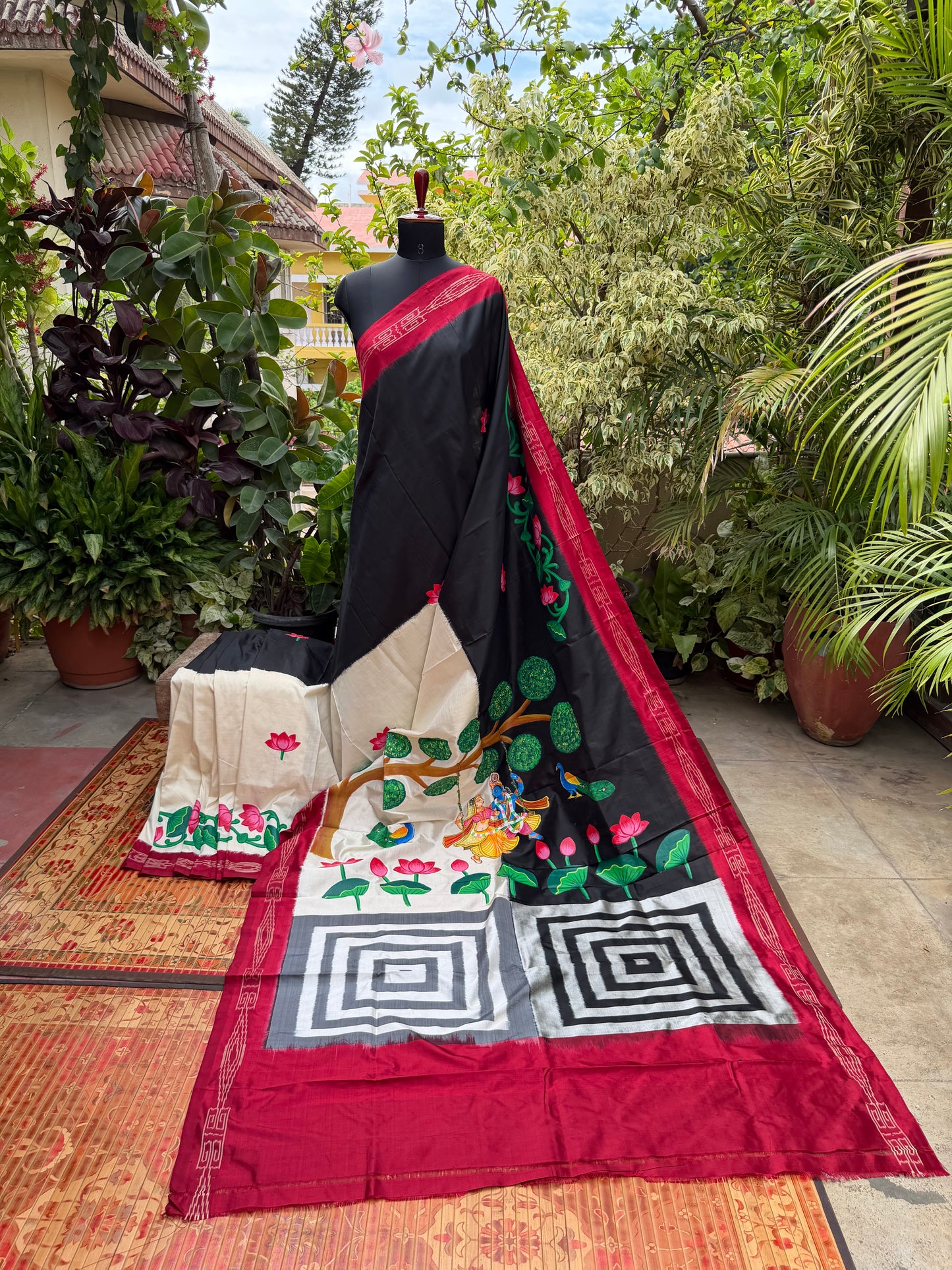 Pure silk ikkat pichwai painting saree