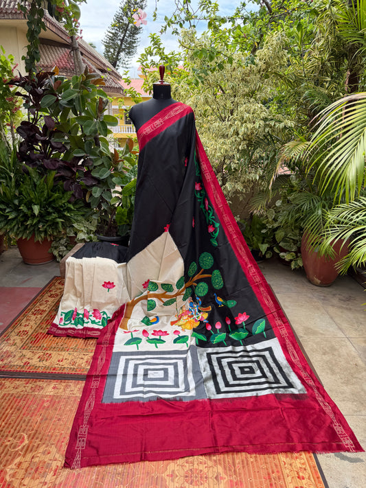 Pure silk ikkat pichwai painting saree