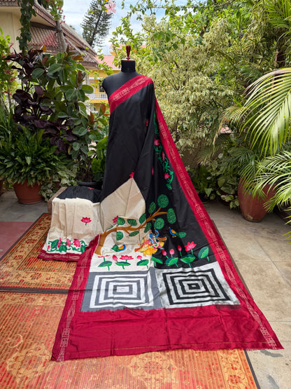 Pure silk ikkat pichwai painting saree