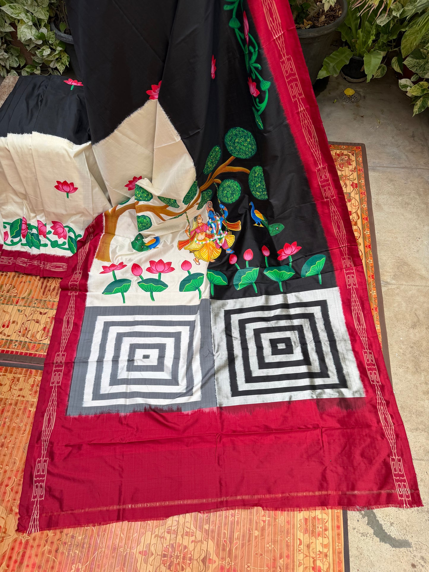 Pure silk ikkat pichwai painting saree