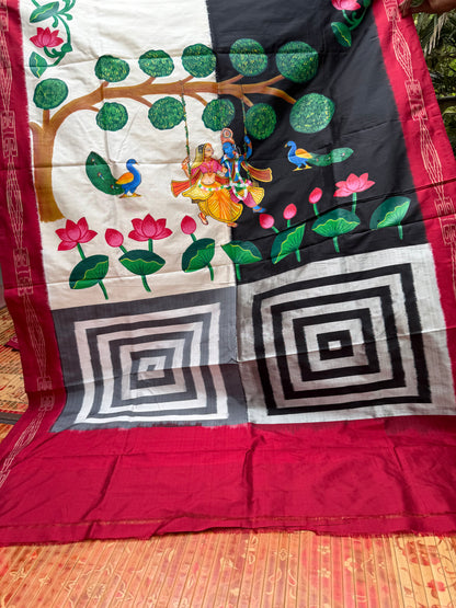 Pure silk ikkat pichwai painting saree