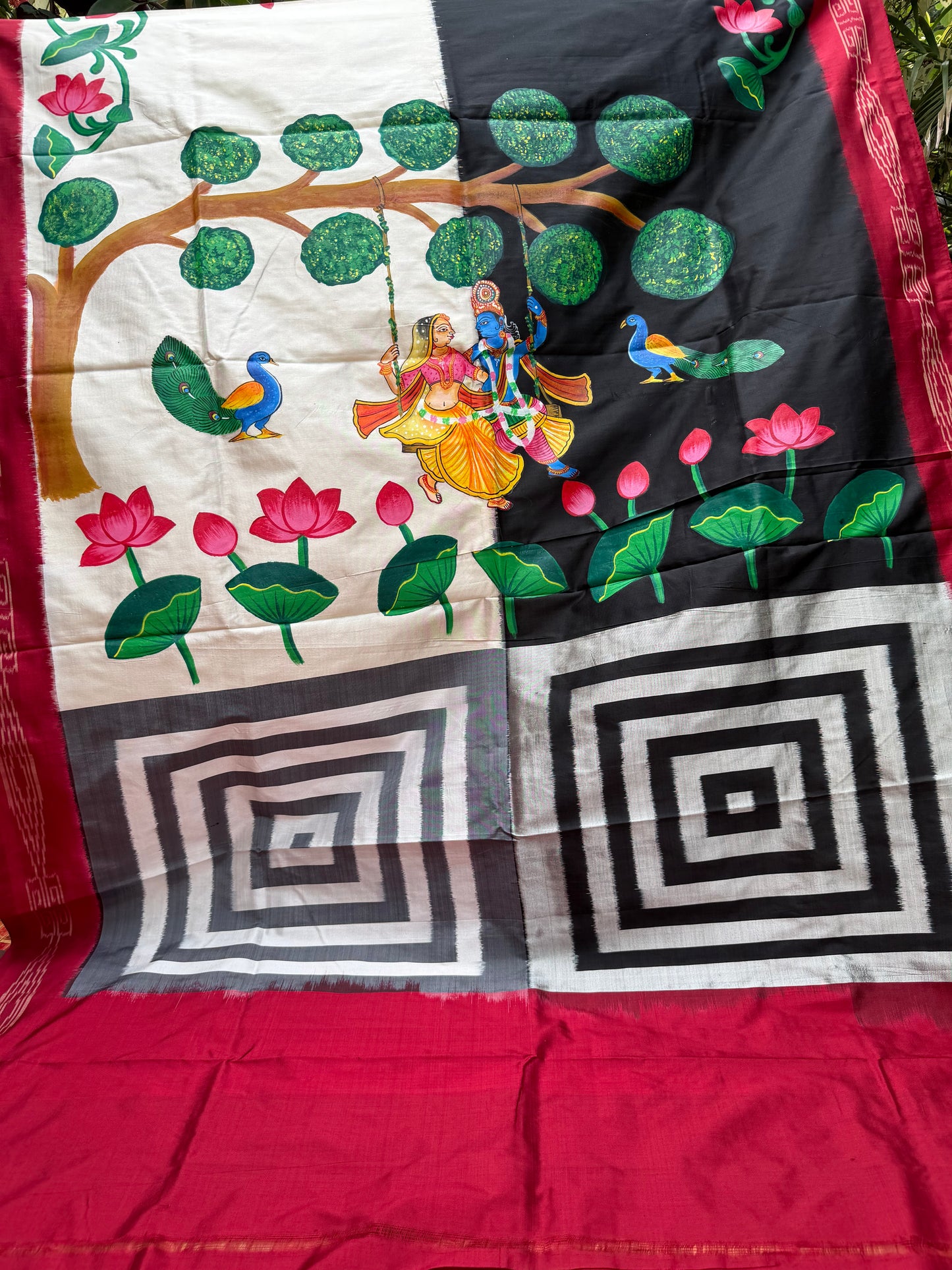 Pure silk ikkat pichwai painting saree
