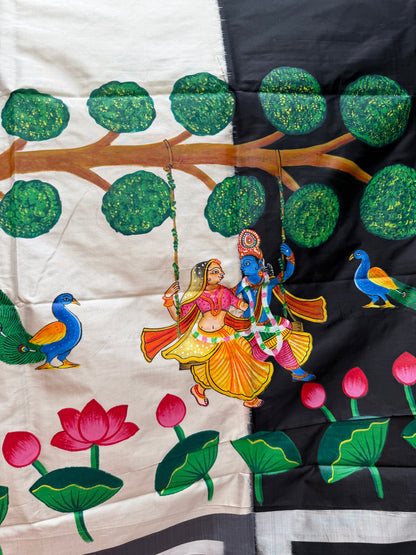 Pure silk ikkat pichwai painting saree
