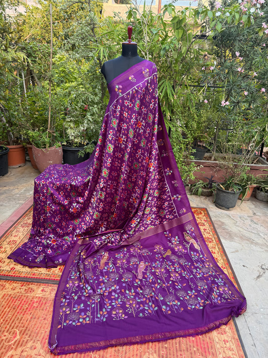 Twill Ikkat With Aari Work Embroidery saree