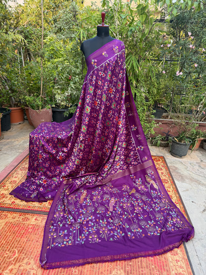 Twill Ikkat With Aari Work Embroidery saree