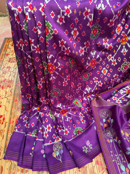 Twill Ikkat With Aari Work Embroidery saree