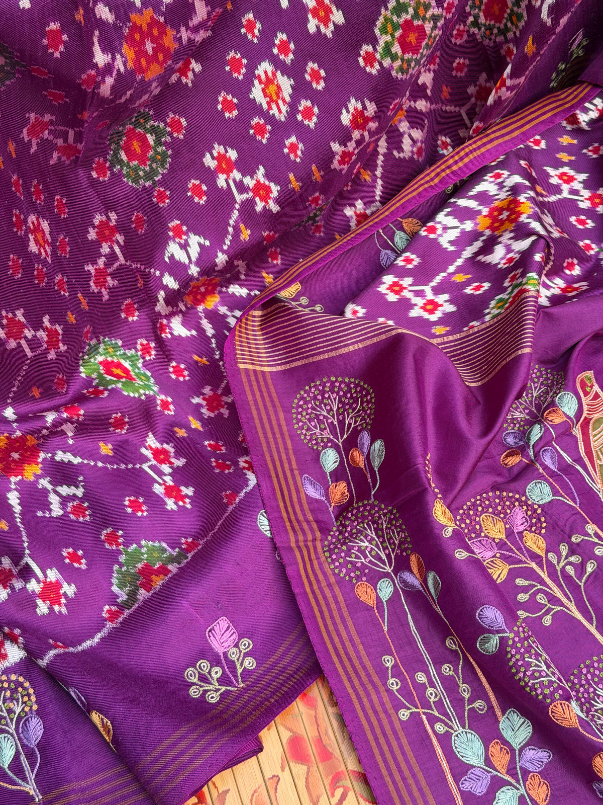 Twill Ikkat With Aari Work Embroidery saree