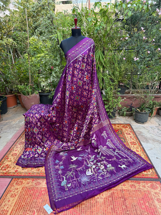 Twill Ikkat With Aari Work Embroidery saree