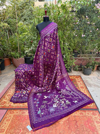 Twill Ikkat With Aari Work Embroidery saree