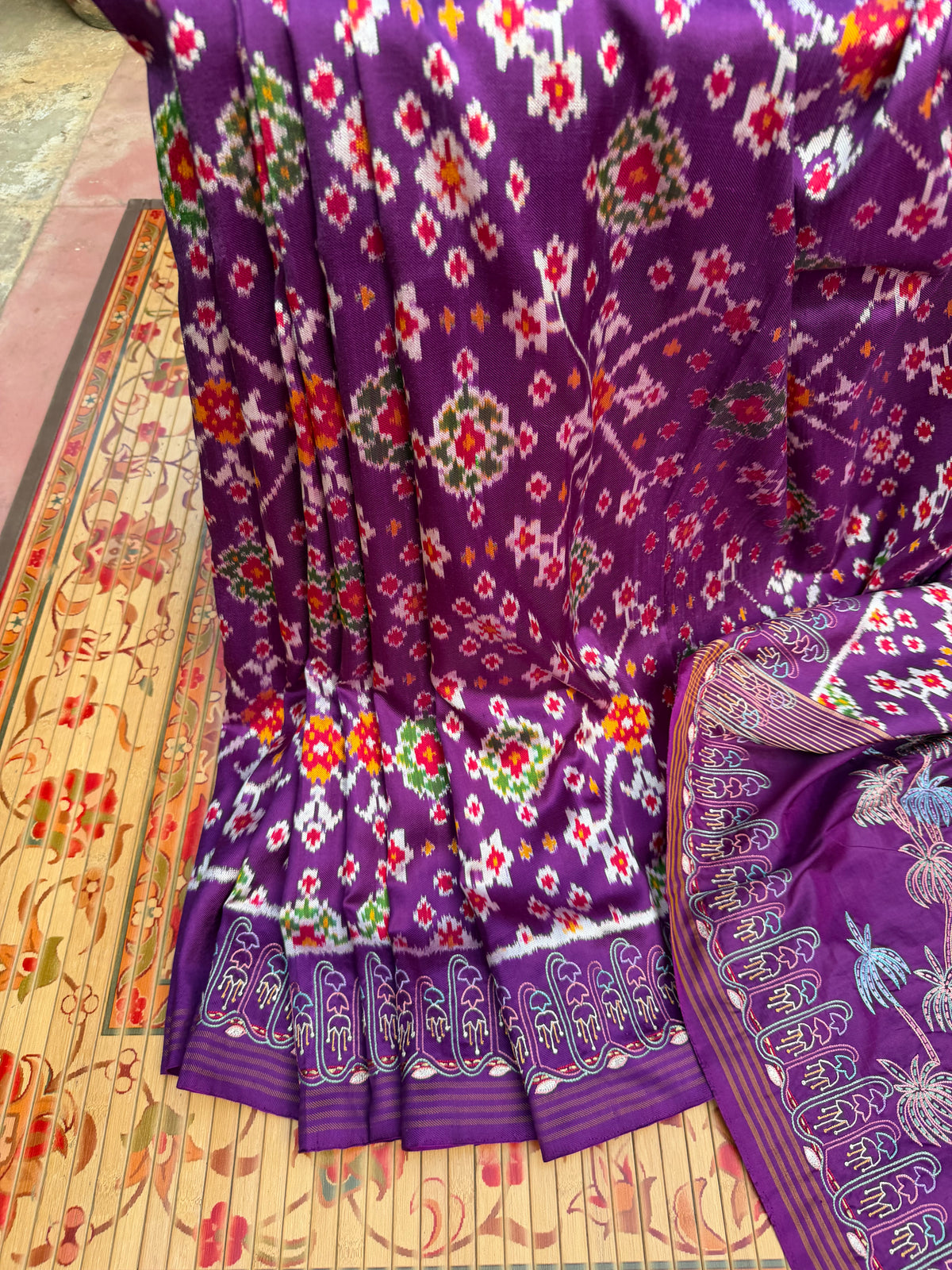 Twill Ikkat With Aari Work Embroidery saree