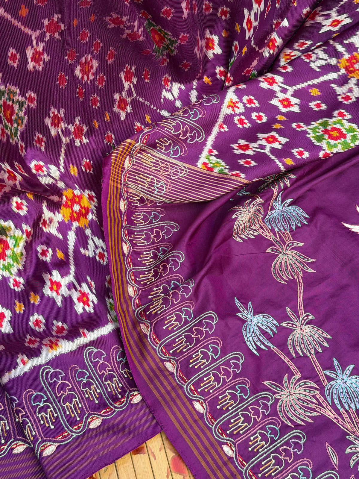 Twill Ikkat With Aari Work Embroidery saree
