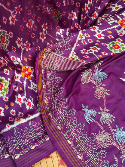 Twill Ikkat With Aari Work Embroidery saree