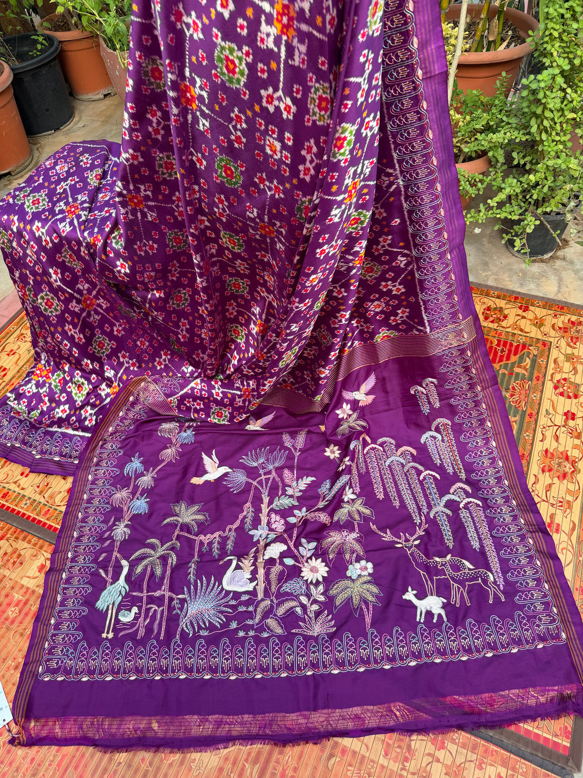 Twill Ikkat With Aari Work Embroidery saree