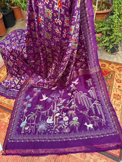 Twill Ikkat With Aari Work Embroidery saree
