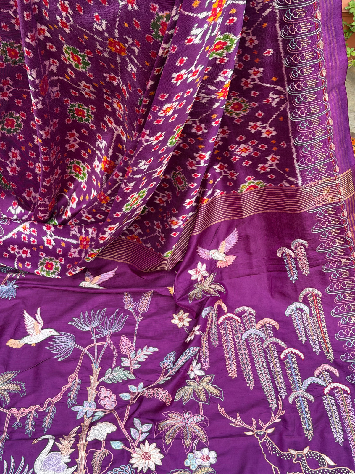 Twill Ikkat With Aari Work Embroidery saree
